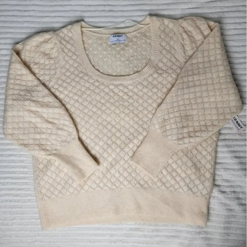 Old Navy Womens Sweater XL Beige Pointelle Knit Crewneck Recycled Wool Blend New